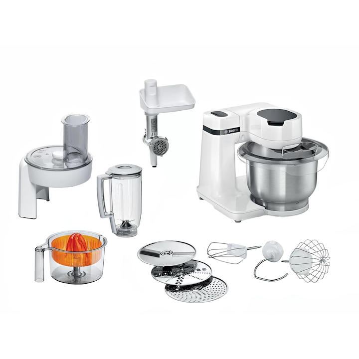 Robot de bucatarie BOSCH Mum Serie 2 MUMS2EW40, 700 W, 3.8 l, blender 1.25 l, masina de tocat carne, 4 trepte viteza, alb