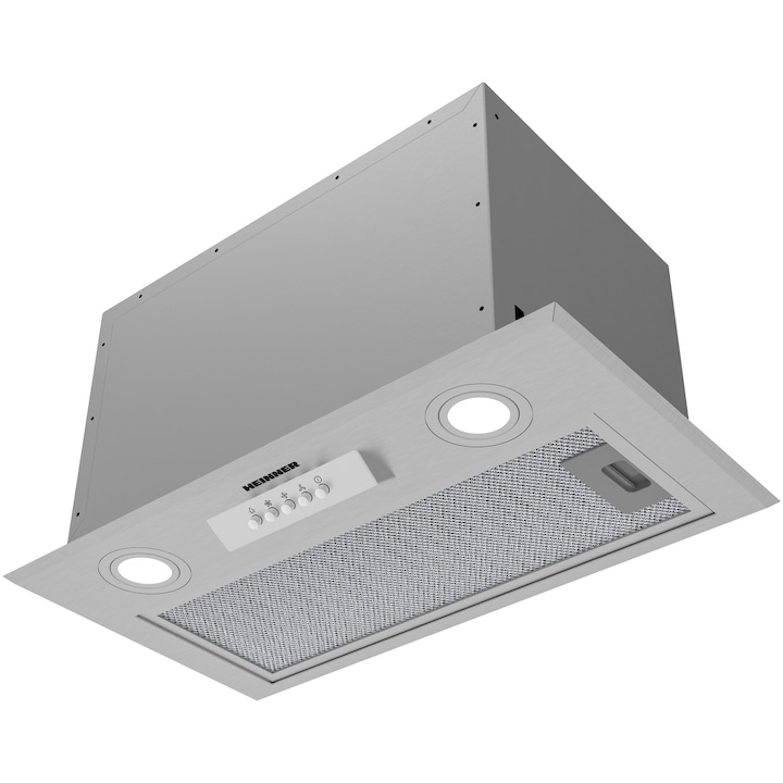 Hota incorporabila Heinner HBIH-MD600IX, 610 m3/h, 3 trepte de viteza, motor: 1 x 215w, lumina led: 2 x 1.5w, 1 filtru aluminiu, diametru tub de evacuare: 150 mm, inox