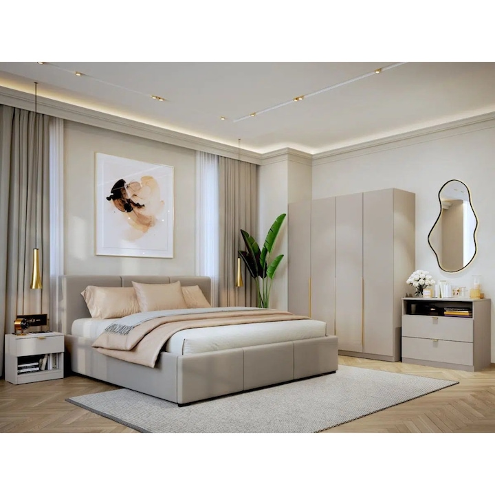 Set Dormitor Auris, Bej/Casmir, C08, Pat Tapitat 160x200, 2 Noptiere, Comoda si Dulap 1.64m cu Soft close