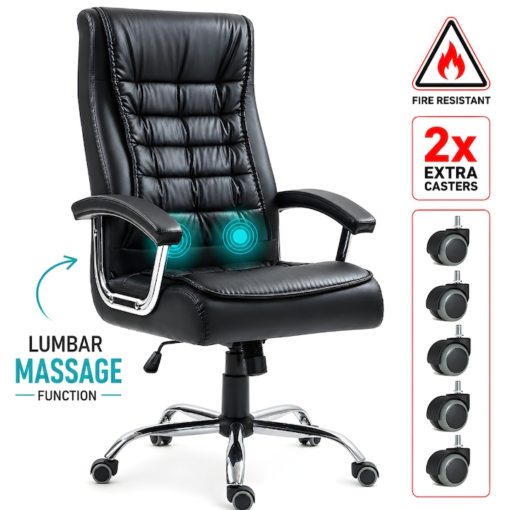 Scaun De Birou Directorial Cu Masaj Ergonomic KD Home® Director's Choice 2023A, Cadrul Metalic, 2 Seturi Roti Incluse, Inaltime Reglabila, Mecanism Tilt, 65 x 64 x 120 cm, Negru