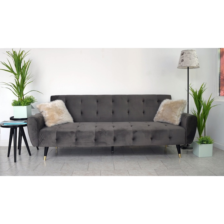 Canapea Extensibila Glamour 3 locuri Dark Grey Catifea, 219x84x81 cm