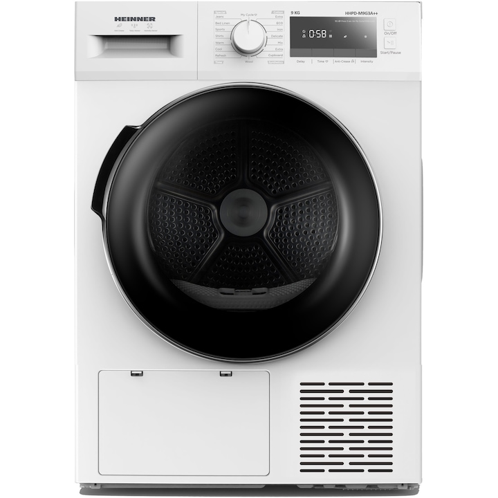 Uscator de rufe cu pompa de caldura Heinner HHPD-M9G3A++, 9 kg, 14 programe, Clasa D, Display led, Lumina cuva, Indicator curatare filtru scame, Indicator rezervor colectare apa plin, Blocare acces copii, Alb