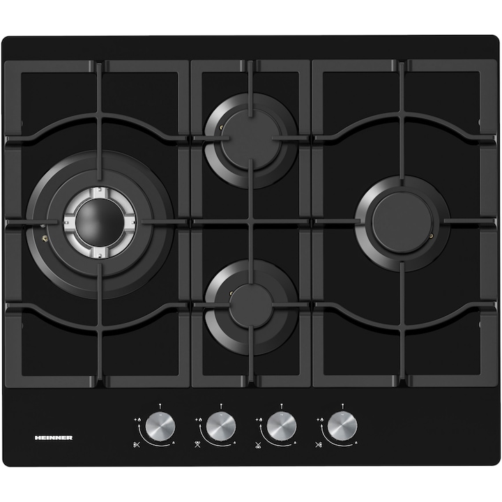 Plita incorporabila Heinner HBH-M452IWFGBK, Gaz, 4 arzatoare, Gratar fonta, Wok, Aprindere electrica, Dispozitiv de siguranta, 60 cm, Sticla neagra