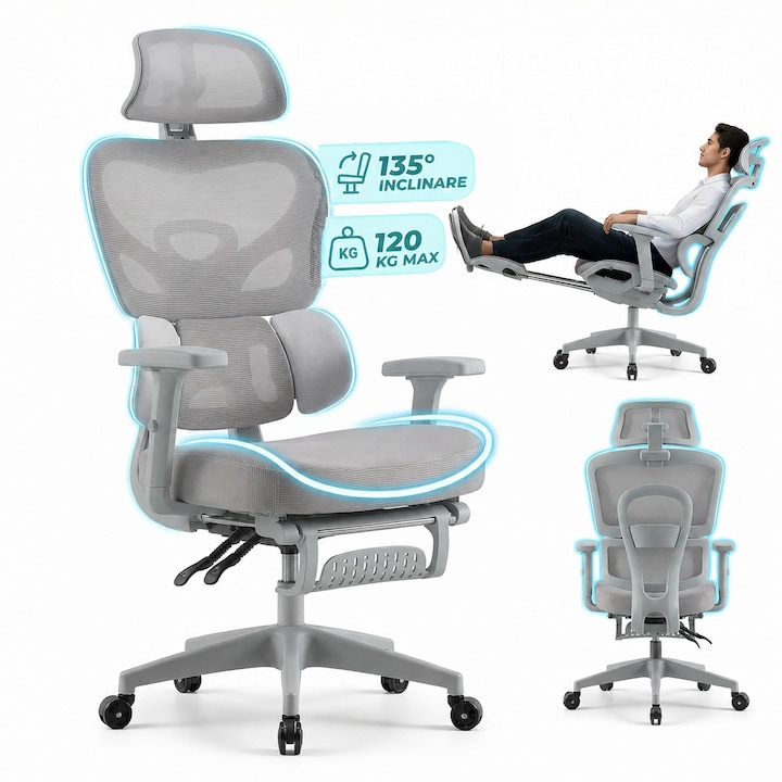Scaun Ergonomic, TOP SCAUNE®, Scaun Birou Reglabil, Suport Lombar 3 Zone Dinamice, Spatar Reglabil 5 Trepte, Cotiere 3D Reglabile, Tetiera 3D, Mecanism Inclinare 90–135°, Pivotant 360°, Suport Picioare Retractabil, Umeras Integrat, Mesh Respirabil, Gri