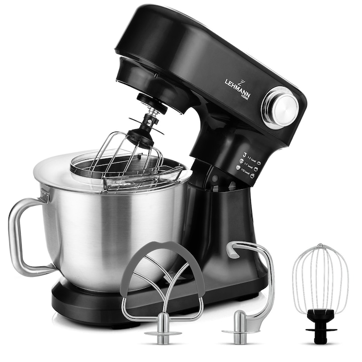 Robot planetar de bucatarie Lehmann Celesto Black, 1500W, 5L, 12 viteze, reglare viteza, protectie supraincalzire, BPA Free, picioare antialunecare, cablu 1m, 4.9 kg, 41.5x25x42 cm, negru
