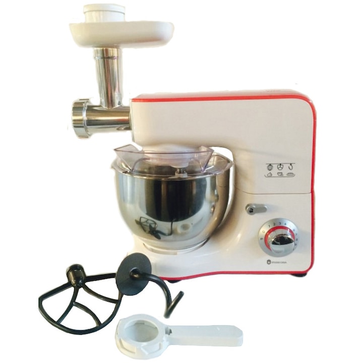 Robot de bucatarie Studio Casa French Cuisine FC9051W/R, 1000 W, Bol Inox 5.5 l, 10 viteze, Masina tocat carne, Alb
