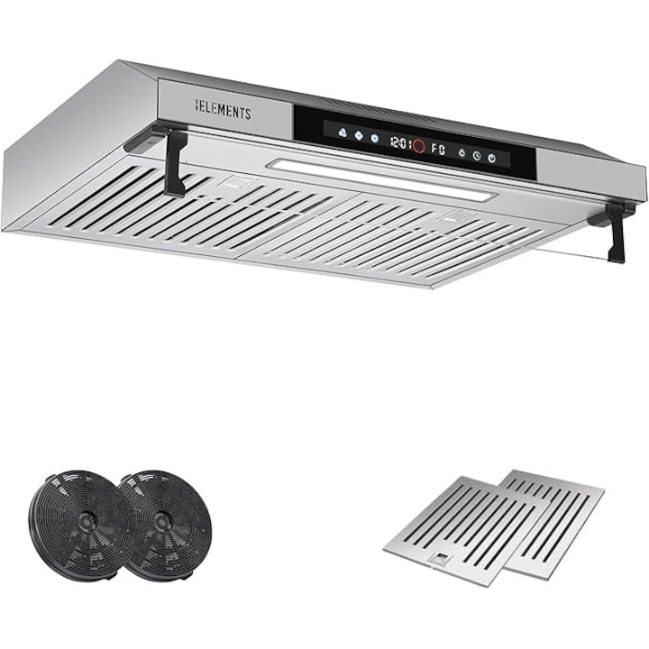 Hota de Bucatarie KB ELEMENTS 60 cm - Putere 650 m³/h, Motor Dublu, Control Touch si Gesturi, Recirculare, Iluminare LED, Clasa A, Design Argintiu