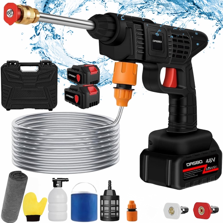 Aparat de spalat cu presiune tip pistol DASBO®, fara fir, 2 acumulatori reincarcabili, Recipient spuma, Galeata si accesorii incluse, geanta de transport, 30 bar /300w negru