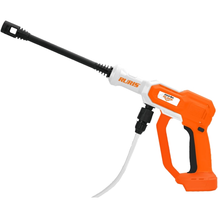 Aparat de spalat cu presiune portabil pe acumulator Ruris 8024e, 20 V 4.0 Ah, presiune maxim 30 bar, debit 5 l/min, motor fara perii, duza 6 in 1, recipient spuma, fara incarcator si acumulator in setul de livrare