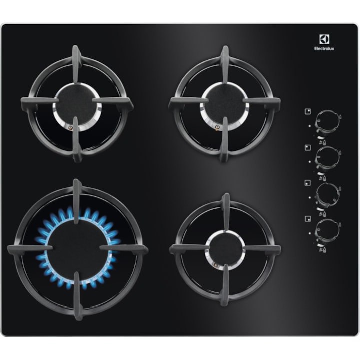 Plita incorporabila Electrolux KGG6407K, Gaz, 4 arzatoare, Aprindere electrica, Dispozitiv de siguranta, Gratare fonta, 60 cm, Sticla neagra