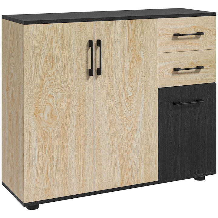 Comoda Homcom, 2 sertare/2 rafturi, PAL, reglabila, maro/negru, 90x30x75.5cm