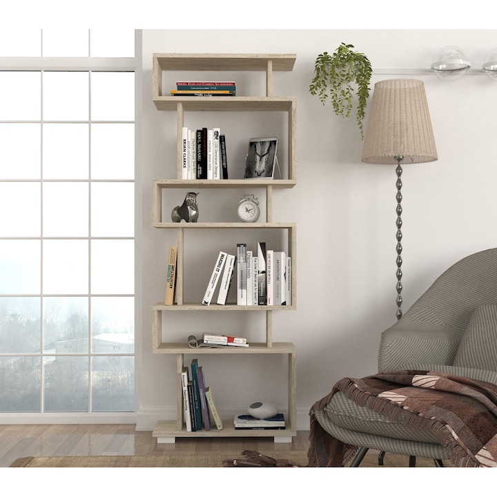 Biblioteca Modern Loft, UnicUtil, 60 x 19.5 x 162.9 cm, PAL Melaminat, Design Asimetric si Minimalist, 6 Rafturi pentru Depozitare Carti si Obiecte Decorative, Durabila si Usor de Asamblat, Ideala pentru Living sau Birou, Culoare Crem