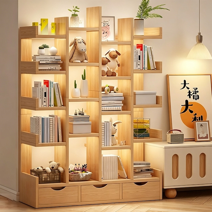 Biblioteca, Hompany®, 156 x 19 x 80 cm, 23 Polite, Design Modern, cu Sertare, ldeala pentru Depozitarea Cartilor, Documentelor si Obiectelor Decorative, pentru Living / Dormitor / Birou
