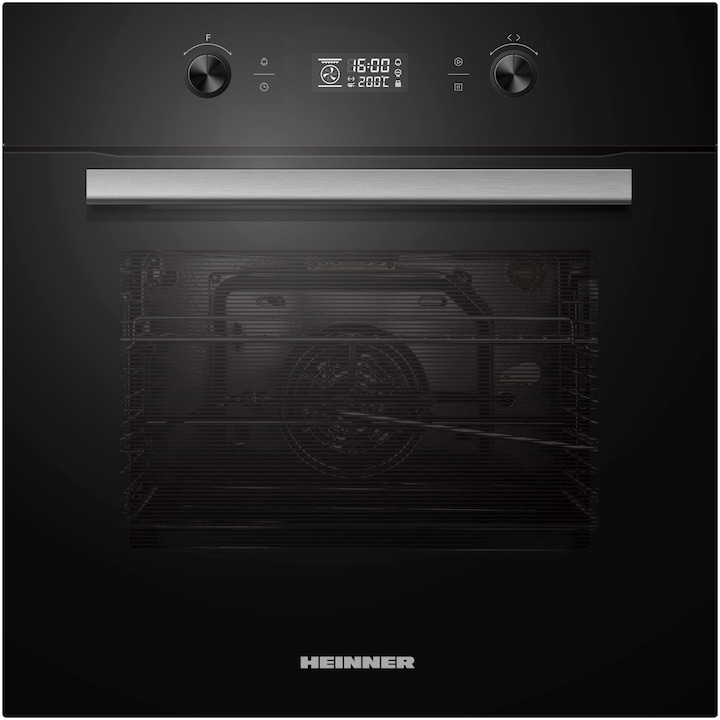 Cuptor incorporabil Heinner HBO-M709GCDRC-GBK, Electric, 70 l, Autocuratare catalitica, Timer digital, Display touch + butoane, Grill, Iluminare, Blocare display, Butoane retractabile, Clasa A, Sticla neagra