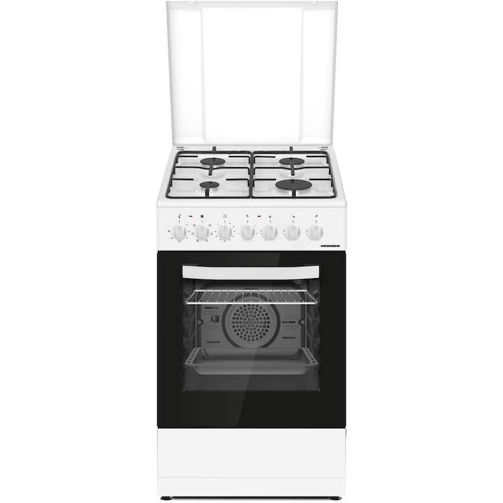 Aragaz mixt Heinner HFSC-S60LITGC-WH, 4 arzatoare, aprindere electrica plita, cuptor electric, clasa A, timer, grill, ventilatie, sertar inferior vase, 50x60cm, alb