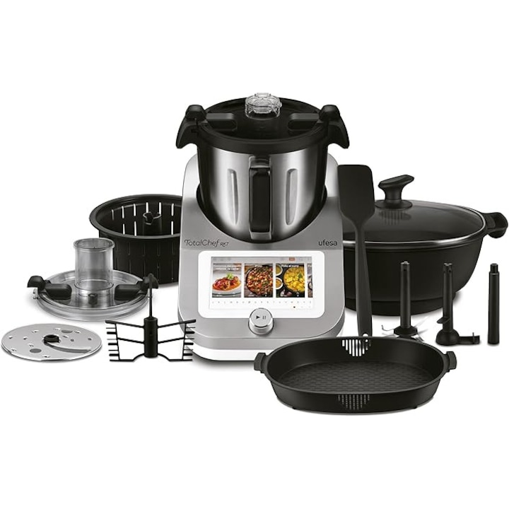Robot de bucatarie Ufesa TotalChef RK7 cu Wi-Fi, multifunctional cu functie de gatire, 30 de functii, 4, 5 L, ecran tactil de 7 inch, carte de retete interactiva, argintiu