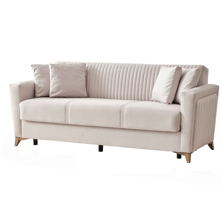 Canapea Extensibila Puma 215x87x76 cm, Crem, cu Lada Depozitare, 3 Locuri, Functie Pat 110x182 cm, Design Modern pentru Living, Mobila Mega