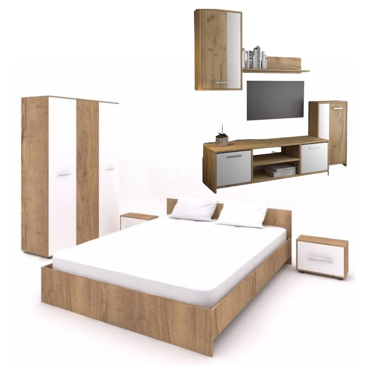Set Dormitor Hera, cu Pat Matrimonial 160x200 cm, Dulap, 2 Noptiere, Culoare Alb / Stejar si Mobilier Living Gold inclus