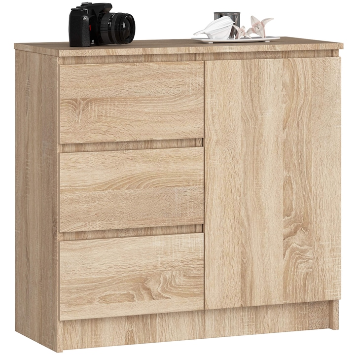 Comoda JERRY cu 3 sertare si dulap cu rafturi, PAL laminat, 80x35x77 cm, stejar sonoma