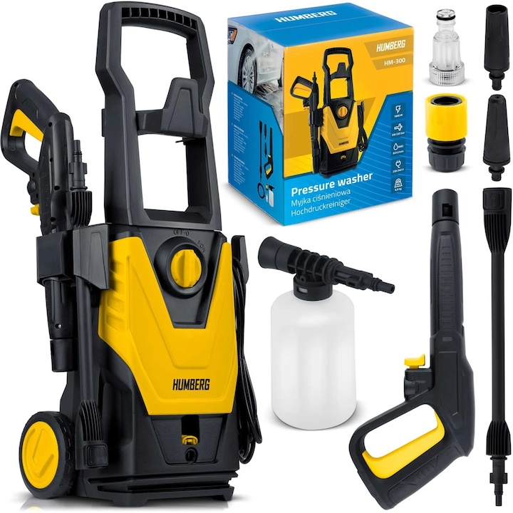 Aparat de spalat cu presiune Humberg HM-300, 1800 W, 230 bar presiune EW, debit 420 l/h, pistol de presiune StopAnd Safe, duza TurboStream, Furtun de presiune 6 m, flacon detergent 450 ml, cablu alimentare 5 m