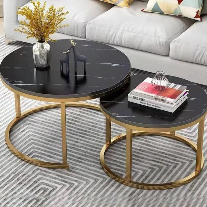 Set 2 Masute de Cafea Rotunde Vivendo, Blat MDF cu Model Marmura, Cadru Metal Bronz Mat, Masa Mare 70-80cm H45cm, Masa Mica 50-60cm H38cm, Set 2 in 1, Living Modern, Masuze Salon Cuiburi, Negru