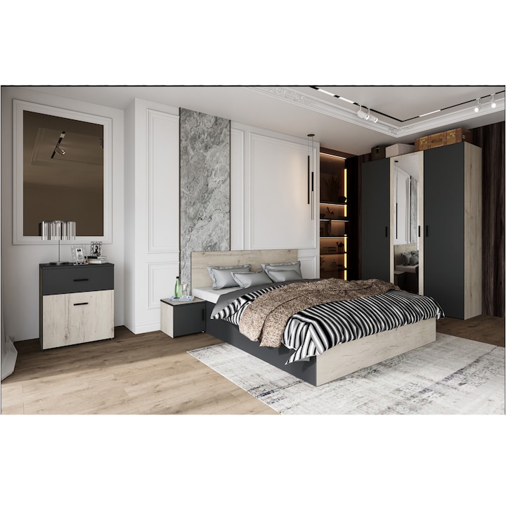 Set Mobila Dormitor Irim Treff , Pat 160x200 cm, Dulap, 2 Noptiere, Comoda, Culoare stejar/grafit