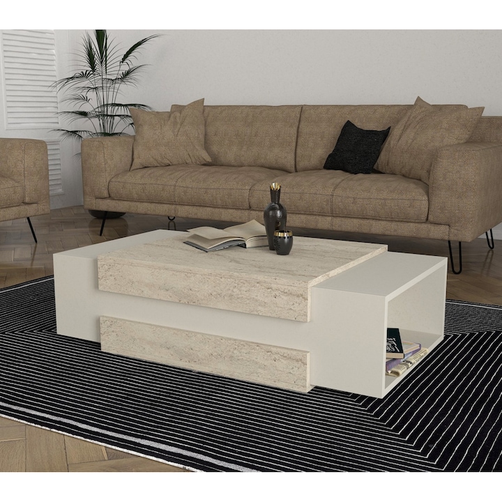 Masuta Cafea, UnicUtil®, Masa Living Stone Line, 110 x 57 x 31 cm, Masa Cafea Moderna cu Blat Lung si Design Minimalist, Realizata din PAL Melaminat Durabil, Mobilier Elegant si Functional, Ideala pentru Living Modern, Organizare si Decor, Crem