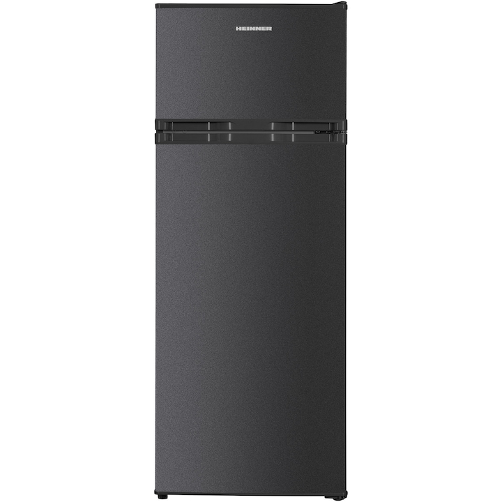 Frigider cu doua usi Heinner HF-H2206DGE++, 206 l, Clasa E, Control mecanic cu termostat ajustabil, Lumina LED, Trei rafturi din sticla, Compartiment fructe si legume, H 143 cm, Gri antracit texturat