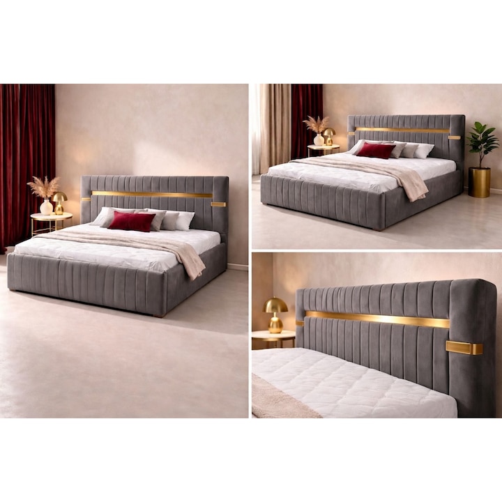 Pat Tapitat Velvet Gri 160x200 Catifea Premium Cu Oglinda Aurie