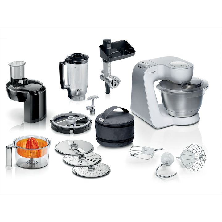 Robot de bucatarie Bosch MUM58251, 1000W, Bol 3.9 l, blender, masina de tocat, cube cutter, storcator citrice, 7 viteze, 3D Planetary mixing, Alb/gri