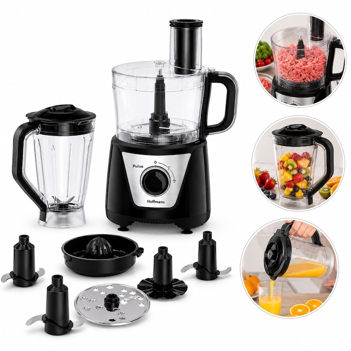Robot de bucatarie 8 in 1 Hoffmans 1000W, Blender 1.5L l Tocator si Food Processor, Negru