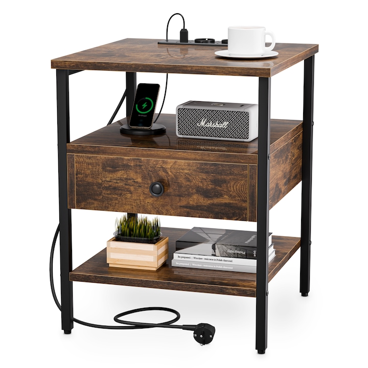 Noptiera Doctor Home Earth EVO, 40x40x50cm, 2 prize, 2 USB, Maro Rustic
