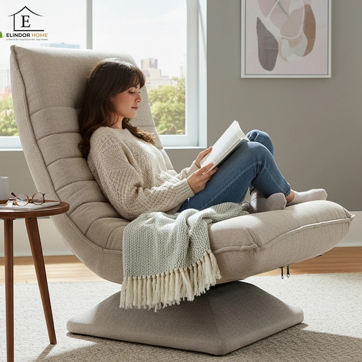 Fotoliu Reglabil Elindor® fara Manere, Scaun de Relaxare cu 5 Pozitii ale Spatarului de 60 cm, Rotativ 360°, Captusit, Ideal pentru Living, Dormitor, Gaming, 60 × 105 × 87 cm, Bej