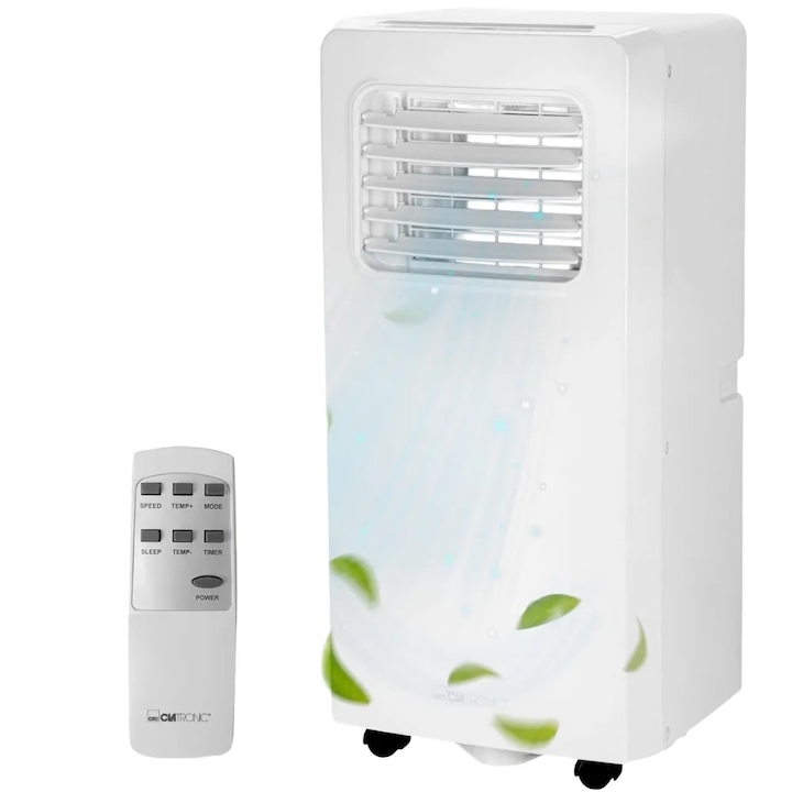 Aparat de aer conditionat portabil 3in1 Clatronic, clasa A, 7000 BTU, potrivit pentru incaperi de pana la 28 m², racire/dezumidificare/ventilatie, 2 viteze functie ventilatie, sistem de reciclare apa, clapete de aer reglabile, timer 24 h, display LED, alb