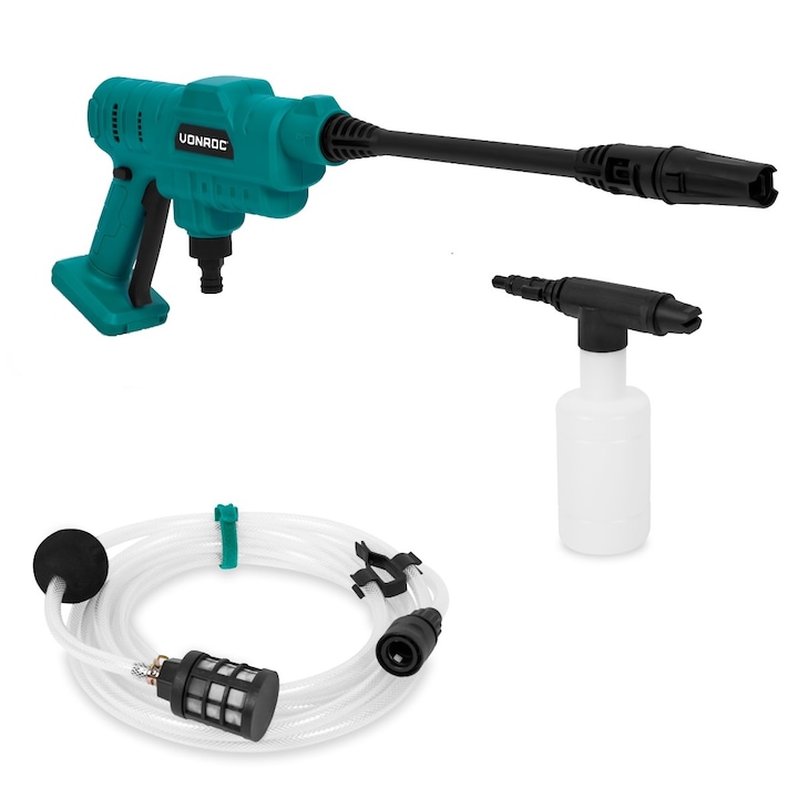 Aparat de spalat cu presiune compatibila cu acumulatori 20V, VONROC, PW508DC, presiune 24bar, debit maxim 198 l/h, functie de aspirare, cu accesorii, fara baterie si incarcator rapid
