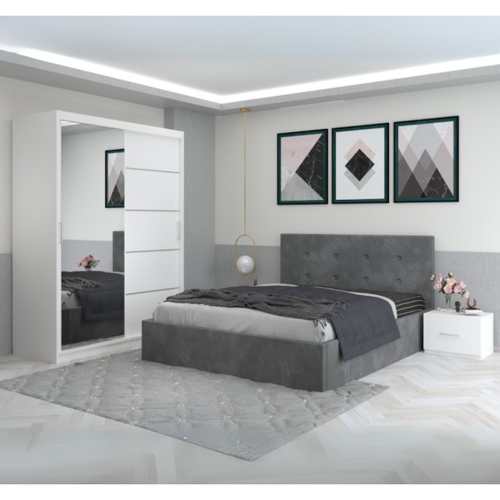 Dormitor Filip Gri Cu Pat Tapitat AmzMob 180x200