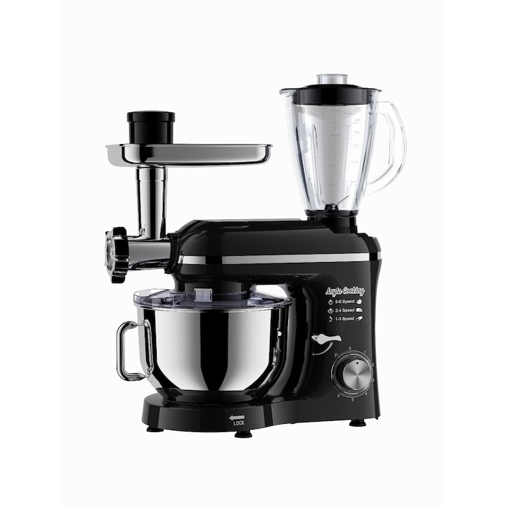 Robot de bucatarie cu blender si tocator, 1500W, Negru, cu bol din inox de 6.2 L, Anyta Cooking