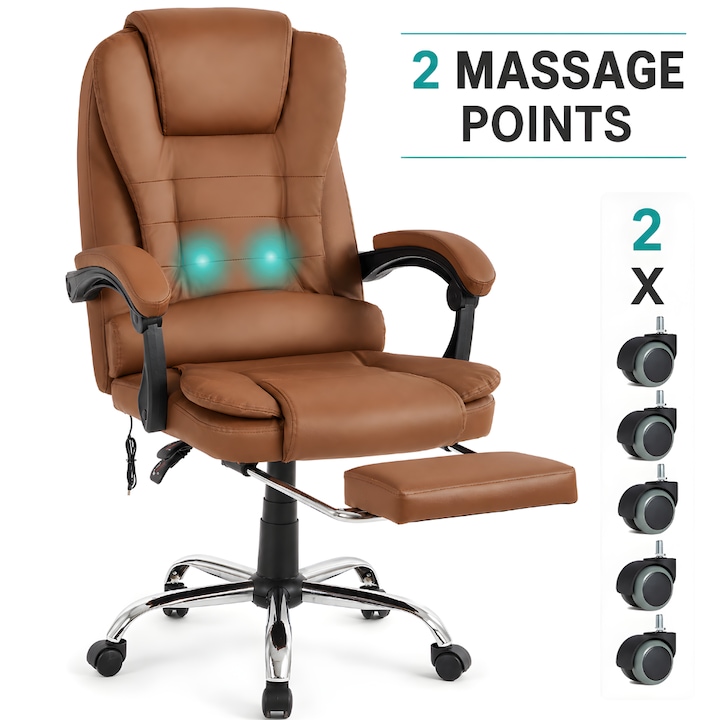 Scaun De Birou Directorial Ergonomic KD Home® ErgoLux Prime, Masaj Lombar Vibratii, Suport Picioare, 2 Seturi Roti Incluse, Inaltime Reglabila, Mecanism Tilt, 55 x 55 x 112 cm, Maro