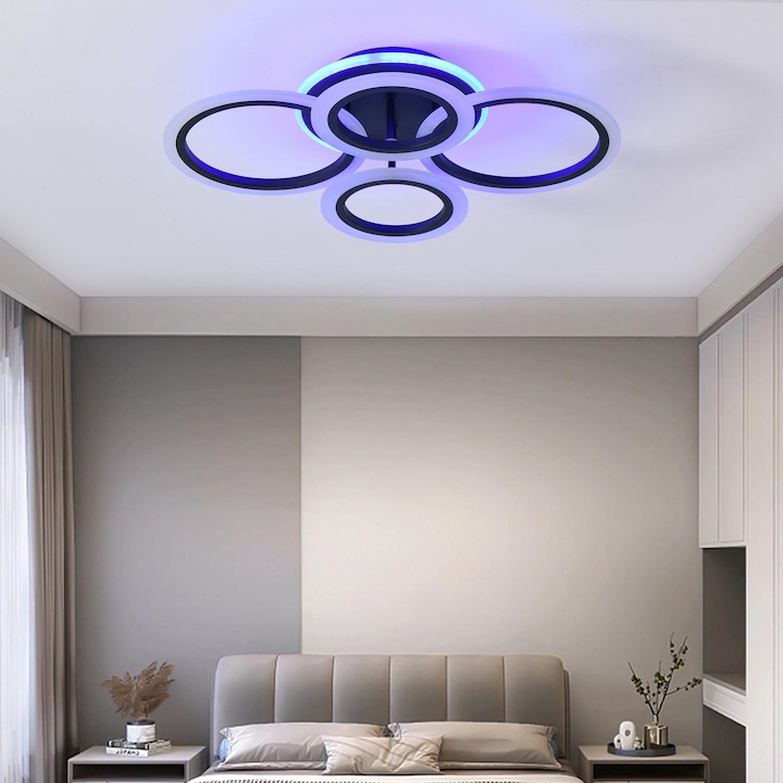 Lustra LED cu telecomanda, lumina Cald Neutru Rece + RGB, intensitate reglabila StrongLED, 4 cercuri Negru 100W ZenLED®