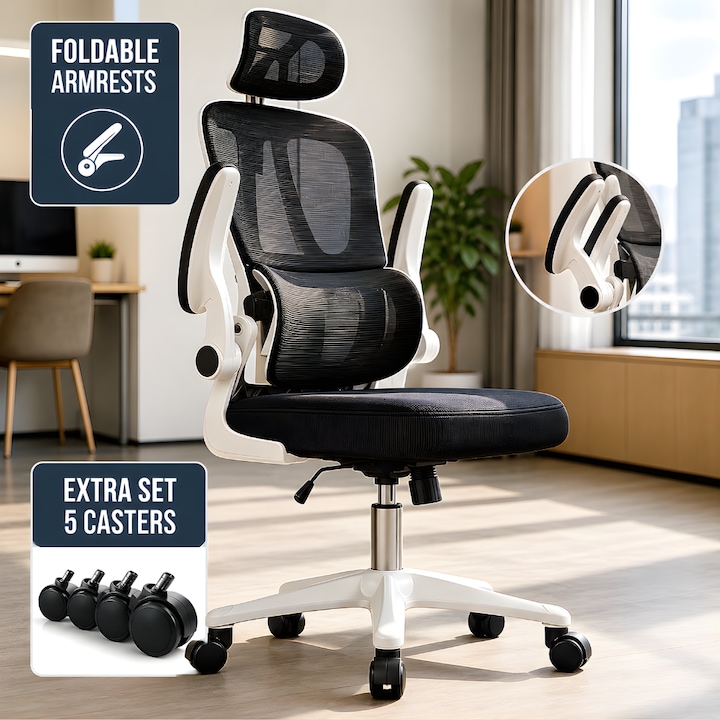 Scaun De Birou Directorial Ergonomic KD Home® Ergonex, Cotiere Rabatabile Tetiera Reglabila, Suport Lombar, 2 Seturi Roti Incluse, Inaltime Reglabila, Mecanism Tilt, Rezistent la Foc, Roti Silentioase silicon, Pana la 160 kg, Negru