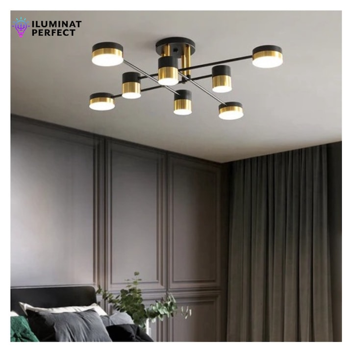 Lustra LED Bella, 96 W Cu Telecomanda, Dimabila, Negru, Auriu, Calda, Neutra Si Rece, Intensitate Reglabila, 85x85x20 Cm