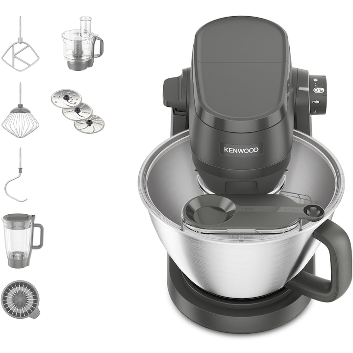 Robot de bucatarie Kenwood KHC30.050GY, 1000 W, bol 4,3L cu maner, procesor alimente, blender 1.5L, presa citrice, 3 accesorii patiserie, 7 trepte viteza, gri antracit