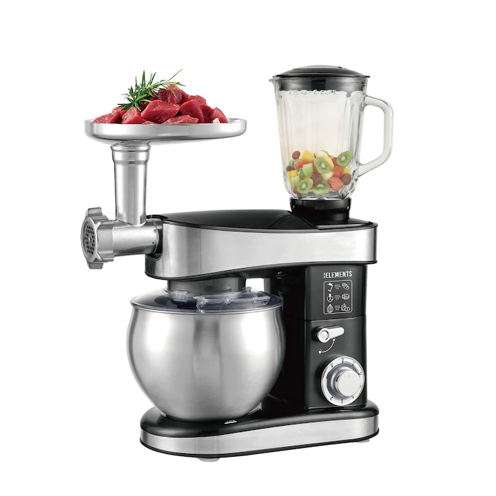 Robot de bucatarie 3-in-1 KB ELEMENTS tocator de carne, blender, 2000W, 6 viteze, Funtie Pulse, Bol inox, Capacitate totala 7.5 litri, framantare, mixare, tocare carne, preparare paste, smoothie-uri si sosuri, Negru