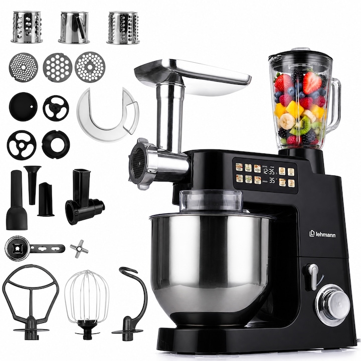 Robot de bucatarie planetar Lehmann TEYLES, 2100W, bol 8L, blender 1.5L, 12 viteze + Pulse, afisaj tactil, cantar integrat, functie fermentare, masina de tocat carne, functie de tocare legume, BPA Free, negru, 7.6 kg, 44x37.5x25.5 cm