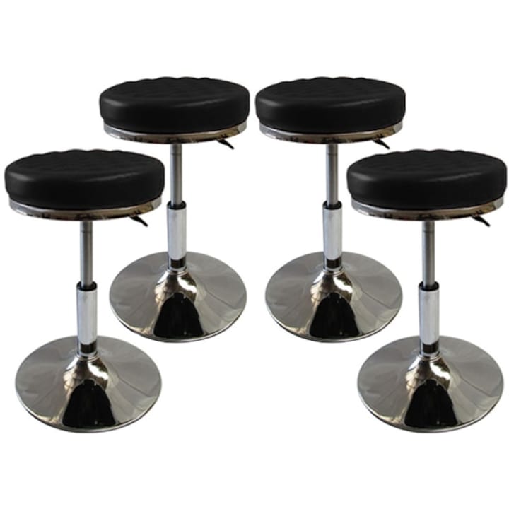 SET - 4x Scaun bucatarie, Taburet Negru, Rotire 360 grade, Reglabil pe inaltime cu pompa hidraulica, Piele ecologica, Pentru Cosmetica, Salon, Living sau industrial