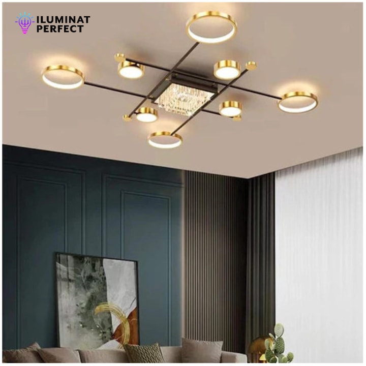 Lustra LED Evelina, 168 W Cu Telecomanda, Dimabila, Negru, Auriu, Calda, Neutra Si Rece, Intensitate Reglabila, Dimensiuni (L, l, h) 118x118x15 Cm, Clasa Protectie IP21, montaj tavan
