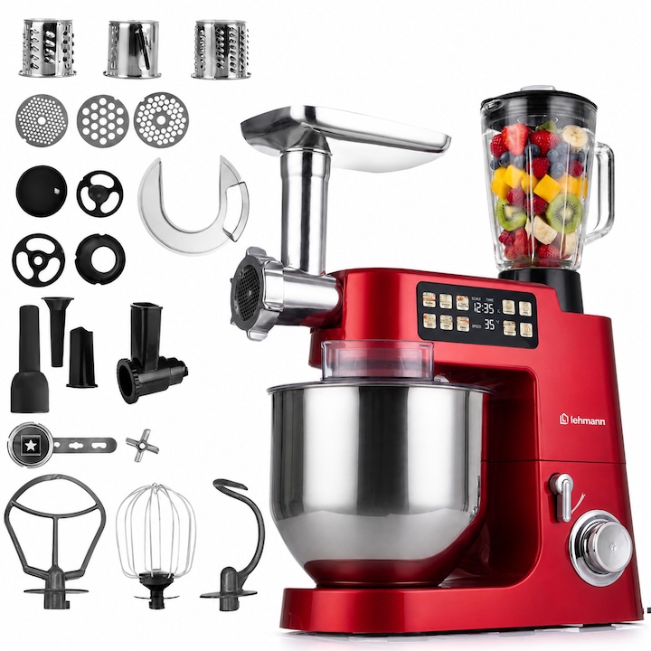 Robot de bucatarie planetar Lehmann TEYLES, 2100W, bol 8L, blender 1.5L, 12 viteze + Pulse, afisaj tactil, cantar integrat, functie fermentare, masina de tocat carne, functie de tocare legume, BPA Free, rosu/negru, 7.6 kg, 44x37.5x25.5 cm