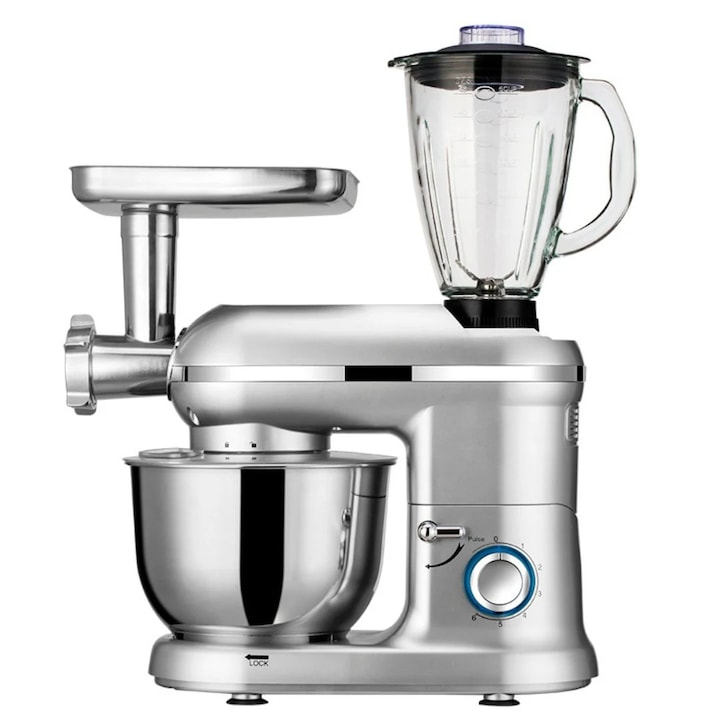 Robot de Bucatarie Multifunctional, Vivendo®, Mixer Planetar cu Bol Inox 5.5L, Blender si Tocator, Motor 1400W Cupru Pur, 6 Trepte Viteza, Carlig Aluat, Tel si Paleta Incluse, pentru Framantare, Creme, Smoothie, Aluat Cozonac si Pizza, Argintiu