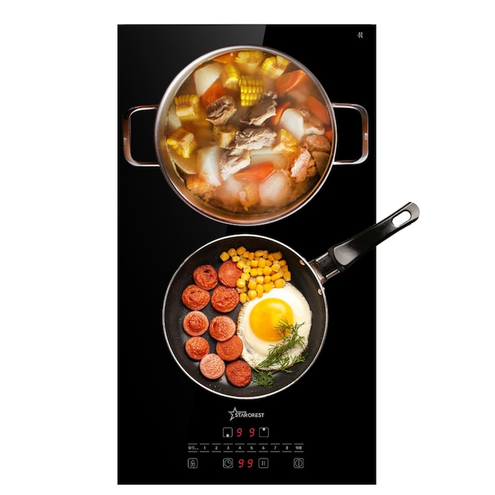 Plita incorporabila STARCREST SIH-3232, Inductie, 3500 W, 2 zone de gatit, 9 trepte de putere, Touch control, Timer, Sticla Neagra Kanger