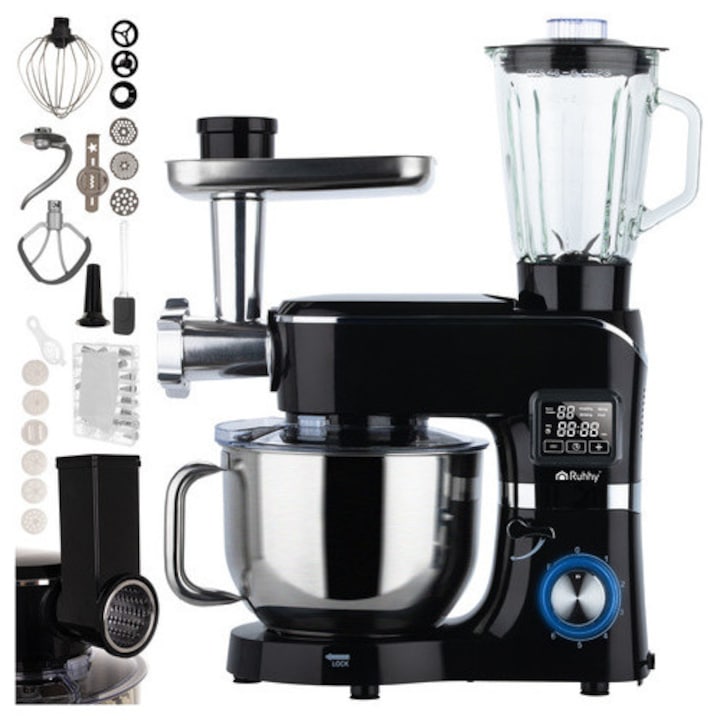 Robot de bucatarie multifunctional Ruhhy, 2300W, cu vas incalzit, capacitate 6,2L, peste 30 de functii, negru/inox